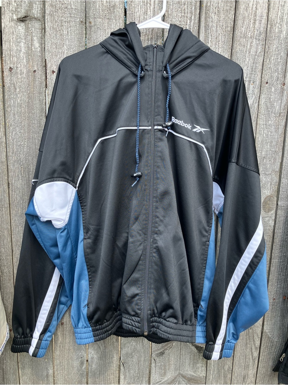 Reebok Black, Blue & White Hooded Windbreaker Jacket